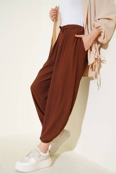 Beli İp Bağcıklı Şalvar Pantolon Kahve - Pantolon