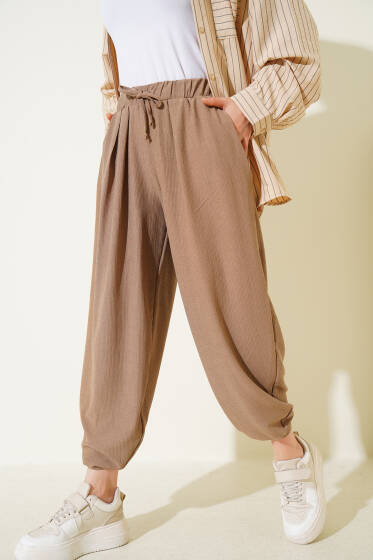 Beli İp Bağcıklı Şalvar Pantolon Vizon - Pantolon