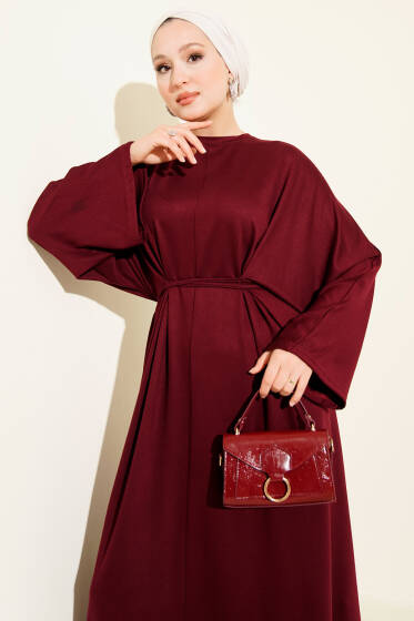 Beli İp Bağlamalı Salaş Elbise Bordo - Elbise