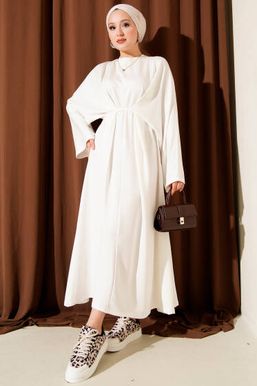 Beli İp Bağlamalı Salaş Elbise Ekru - Elbise