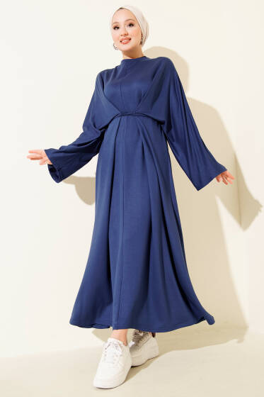 Beli İp Bağlamalı Salaş Elbise Lacivert - Elbise