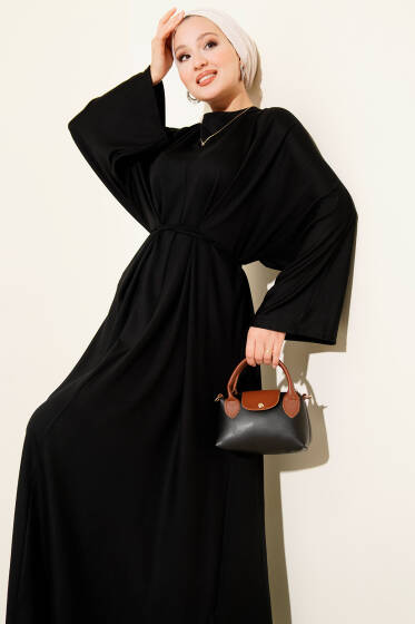 Beli İp Bağlamalı Salaş Elbise Siyah - Elbise