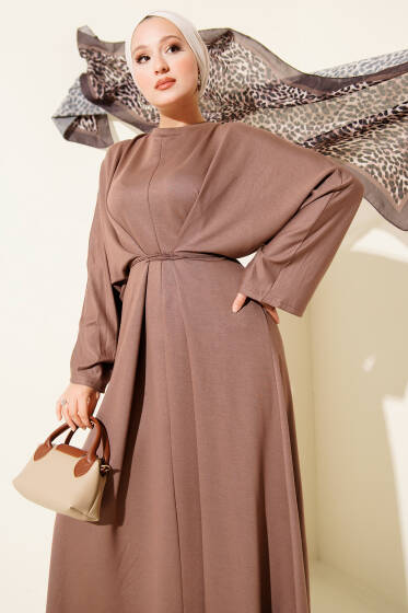 Beli İp Bağlamalı Salaş Elbise Vizon - Elbise