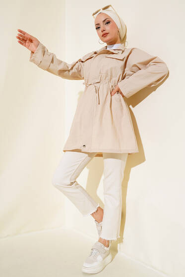 Beli İpli Çift Cepli Paraşüt Kap Bej - Trençkot