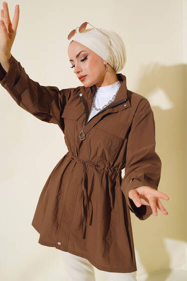 Beli İpli Çift Cepli Paraşüt Kap Kahve - Trençkot