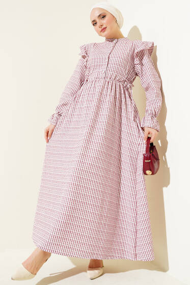 Beli İpli Çizgili Elbise Bordo - Elbise