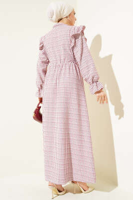 Beli İpli Çizgili Elbise Bordo - Tesettür Elbise