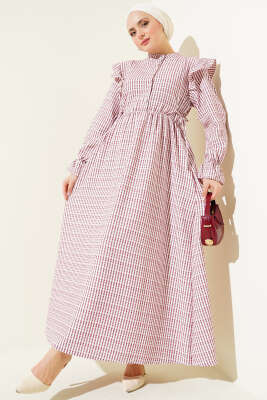 Beli İpli Çizgili Elbise Bordo 