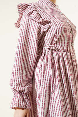 Beli İpli Çizgili Elbise Bordo - Tesettür Elbise