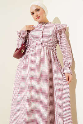 Beli İpli Çizgili Elbise Bordo - Tesettür Elbise