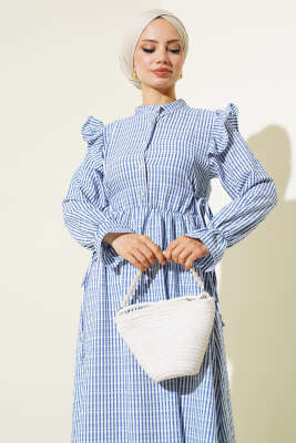 Beli İpli Çizgili Elbise İndigo - Tesettür Elbise