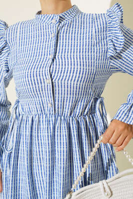 Beli İpli Çizgili Elbise İndigo - Tesettür Elbise