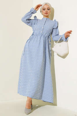 Beli İpli Çizgili Elbise İndigo 