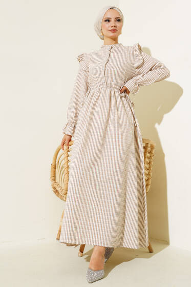 Beli İpli Çizgili Elbise Latte - Elbise