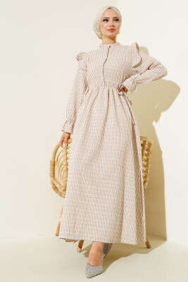 Beli İpli Çizgili Elbise Latte - NEVA MODA