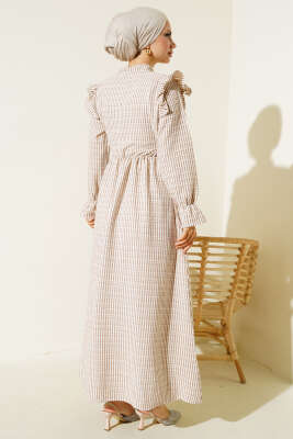 Beli İpli Çizgili Elbise Latte - Tesettür Elbise