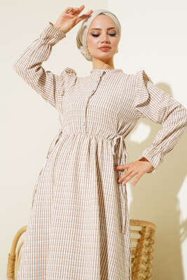 Beli İpli Çizgili Elbise Latte - Tesettür Elbise