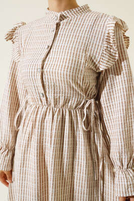 Beli İpli Çizgili Elbise Latte - Tesettür Elbise