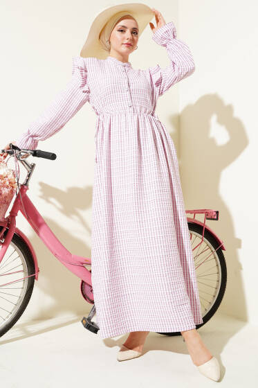 Beli İpli Çizgili Elbise Pembe - Elbise