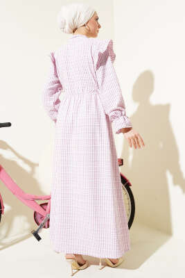 Beli İpli Çizgili Elbise Pembe - Tesettür Elbise