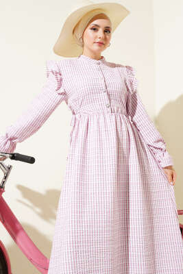 Beli İpli Çizgili Elbise Pembe - Tesettür Elbise