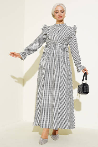 Beli İpli Çizgili Elbise Siyah - Elbise