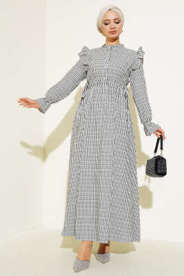 Beli İpli Çizgili Elbise Siyah 