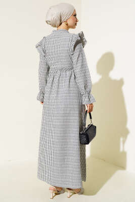 Beli İpli Çizgili Elbise Siyah - Tesettür Elbise