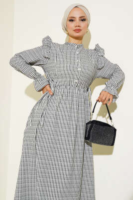 Beli İpli Çizgili Elbise Siyah - Tesettür Elbise