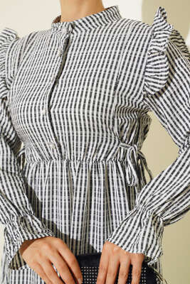 Beli İpli Çizgili Elbise Siyah - Tesettür Elbise