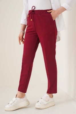 Beli İpli Dar Paça Bordo Pantolon - Pantolon