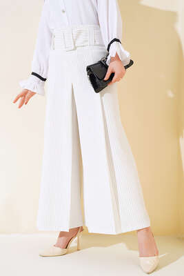 Beli Kemerli Ekru Pantolon Etek - Kumaş Pantolon