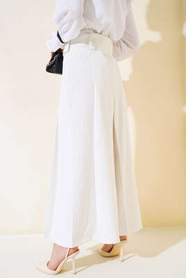 Beli Kemerli Ekru Pantolon Etek - Kumaş Pantolon