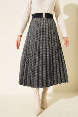 Beli Kemerli Lastikli Pileli Etek Lacivert 
