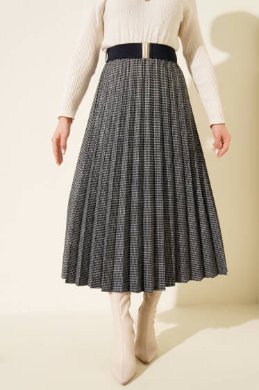 Beli Kemerli Lastikli Pileli Etek Lacivert - Etek