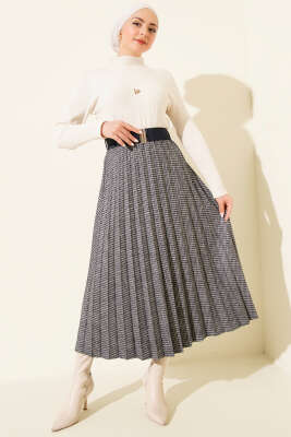 Beli Kemerli Lastikli Pileli Etek Lacivert - Etek