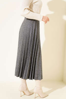 Beli Kemerli Lastikli Pileli Etek Lacivert - Etek