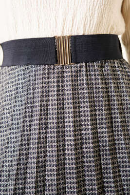 Beli Kemerli Lastikli Pileli Etek Lacivert - Etek