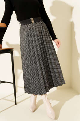 Beli Kemerli Lastikli Pileli Etek Siyah - ESTELLE