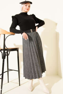 Beli Kemerli Lastikli Pileli Etek Siyah - Etek