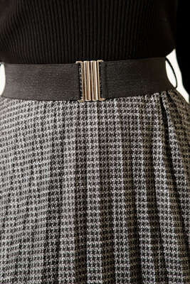 Beli Kemerli Lastikli Pileli Etek Siyah - Etek