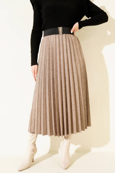 Beli Kemerli Lastikli Pileli Etek Vizon - Etek