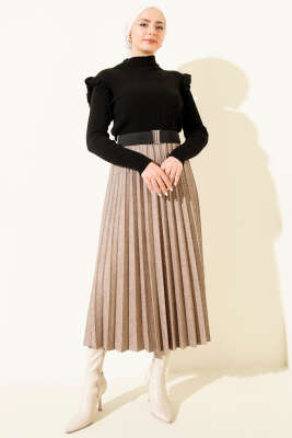 Beli Kemerli Lastikli Pileli Etek Vizon - Etek