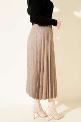 Beli Kemerli Lastikli Pileli Etek Vizon - Etek