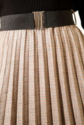 Beli Kemerli Lastikli Pileli Etek Vizon - Etek