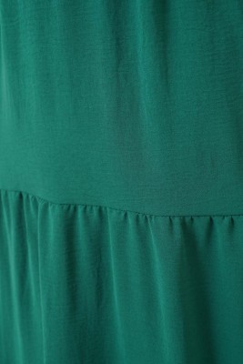 Beli Kuşaklı Düğmeli Katlı Zümrüt Yeşili Elbise - Thumbnail