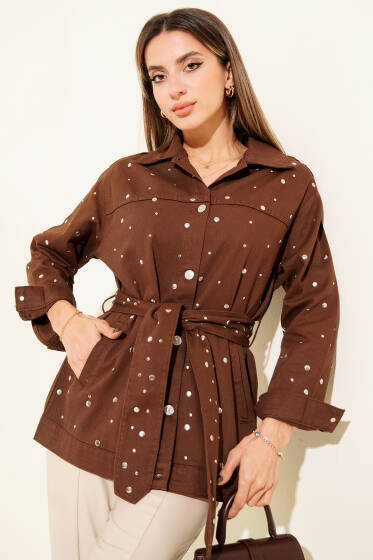 Beli Kuşaklı Gabardin Kot Ceket Kahve - Kadın Giyim Modelleri