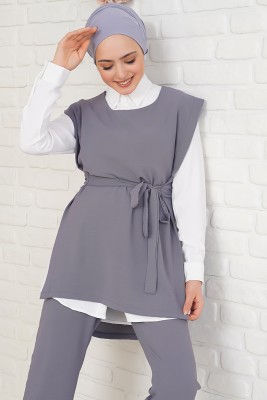 Beli Kuşaklı Gri Üçlü Takım - İKİLİ TAKIM