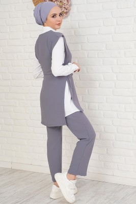 Beli Kuşaklı Gri Üçlü Takım - İKİLİ TAKIM
