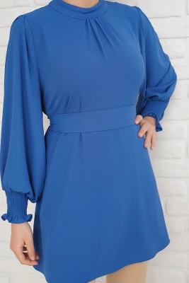 Beli Kuşaklı Kol Ucu Lastikli İndigo Tunik - Tunik